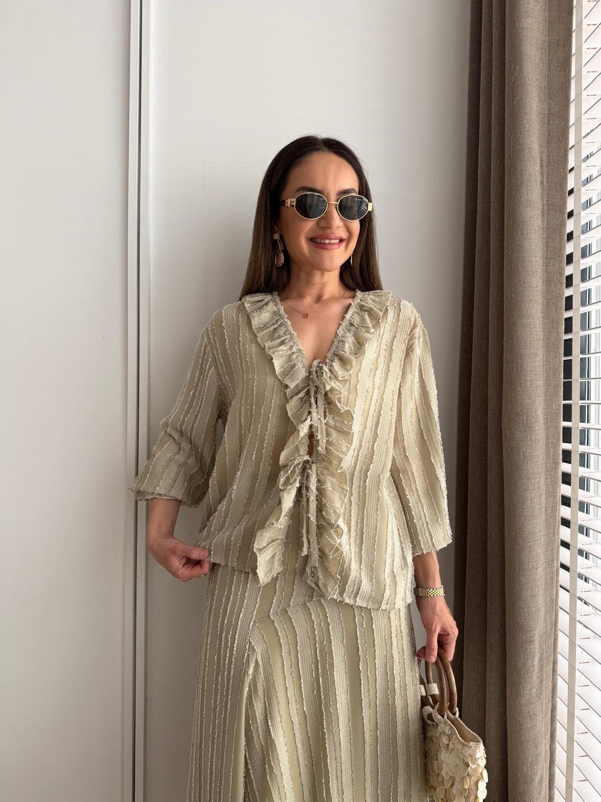 Olive V Yaka Volanlı Dokuma Kimono 1094