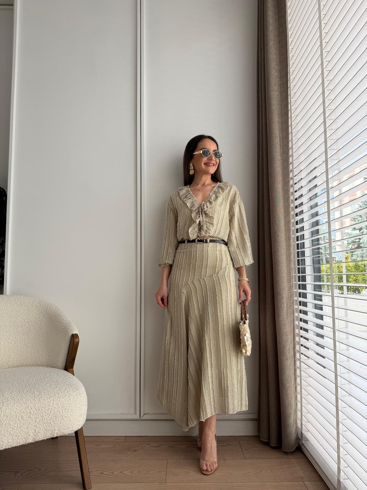 Olive V Yaka Volanlı Dokuma Kimono 1094