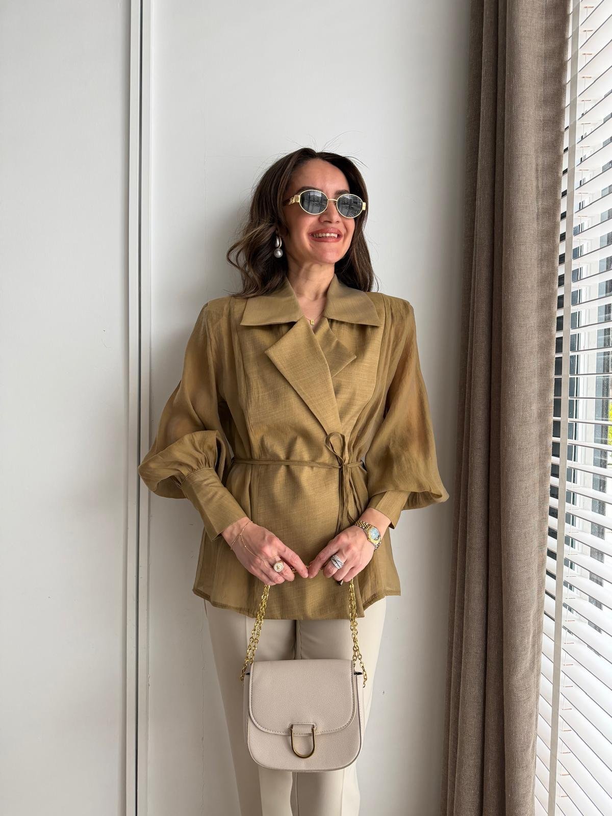 Olive Vatkalı Transparan Kimono Gömlek 5029