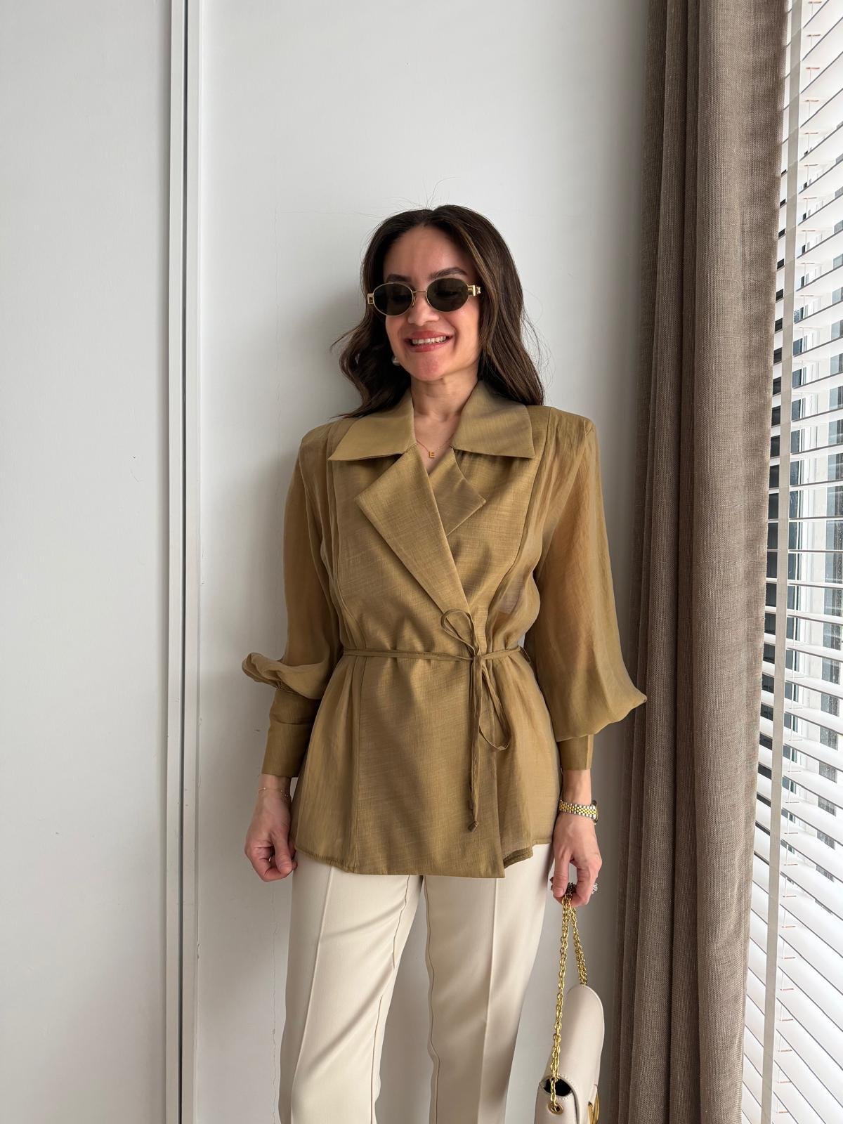 Olive Vatkalı Transparan Kimono Gömlek 5029