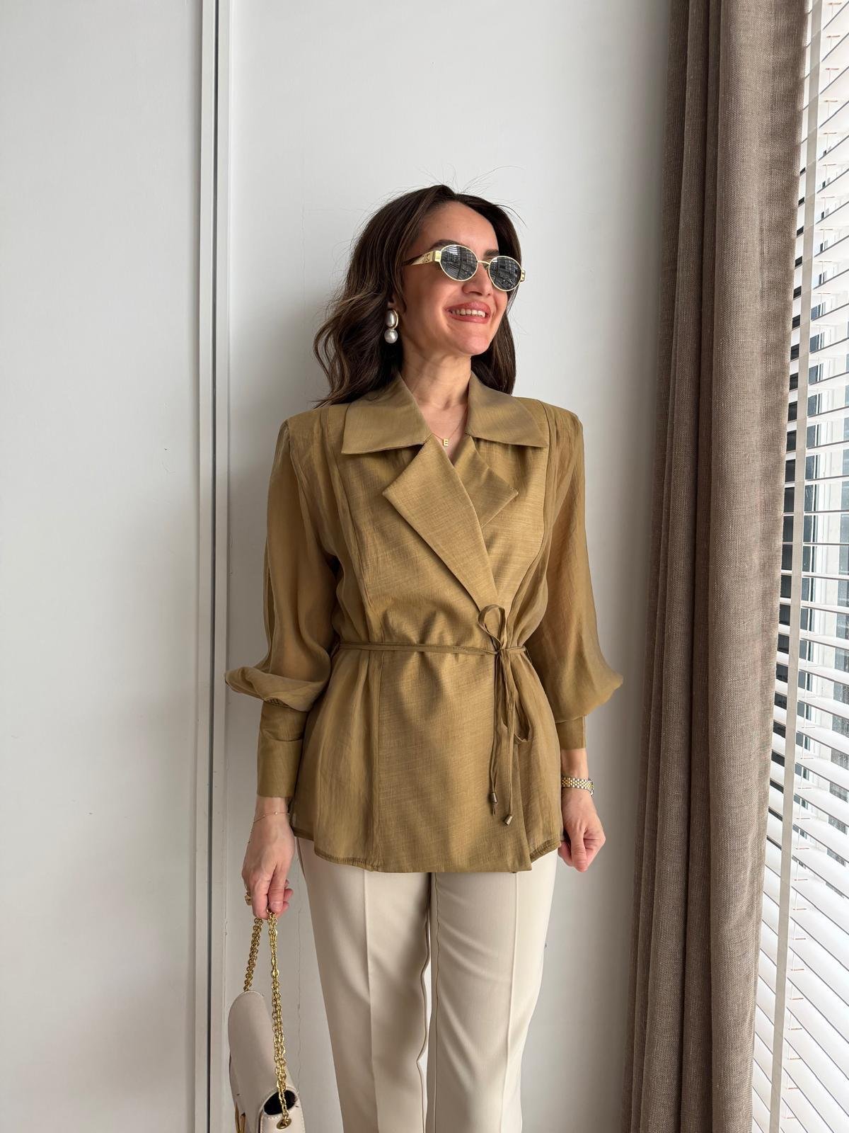 Olive Vatkalı Transparan Kimono Gömlek 5029