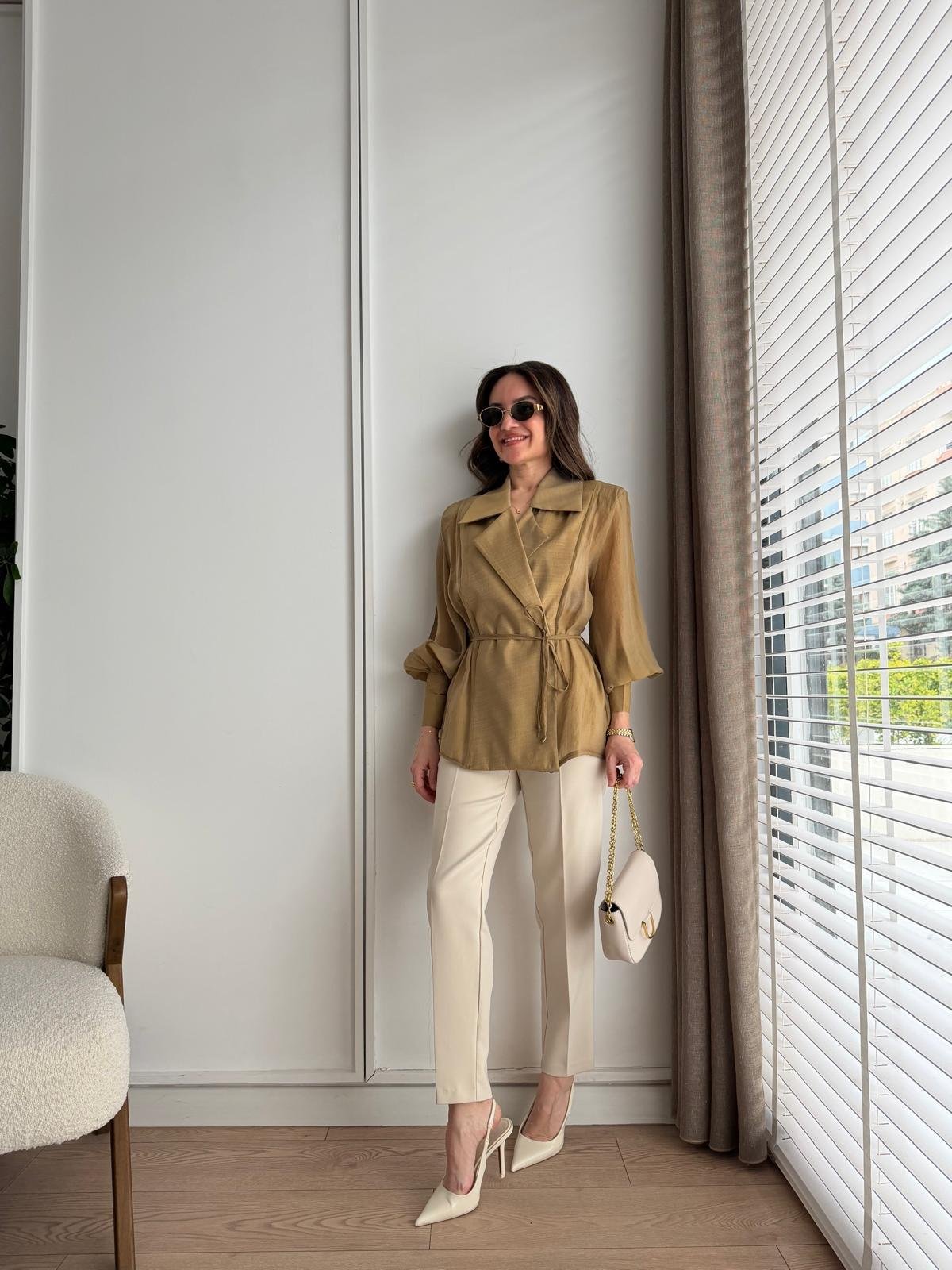 Olive Vatkalı Transparan Kimono Gömlek 5029