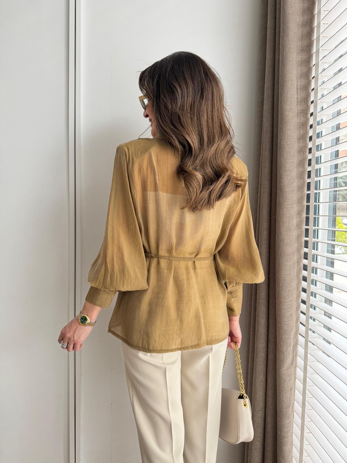 Olive Vatkalı Transparan Kimono Gömlek 5029