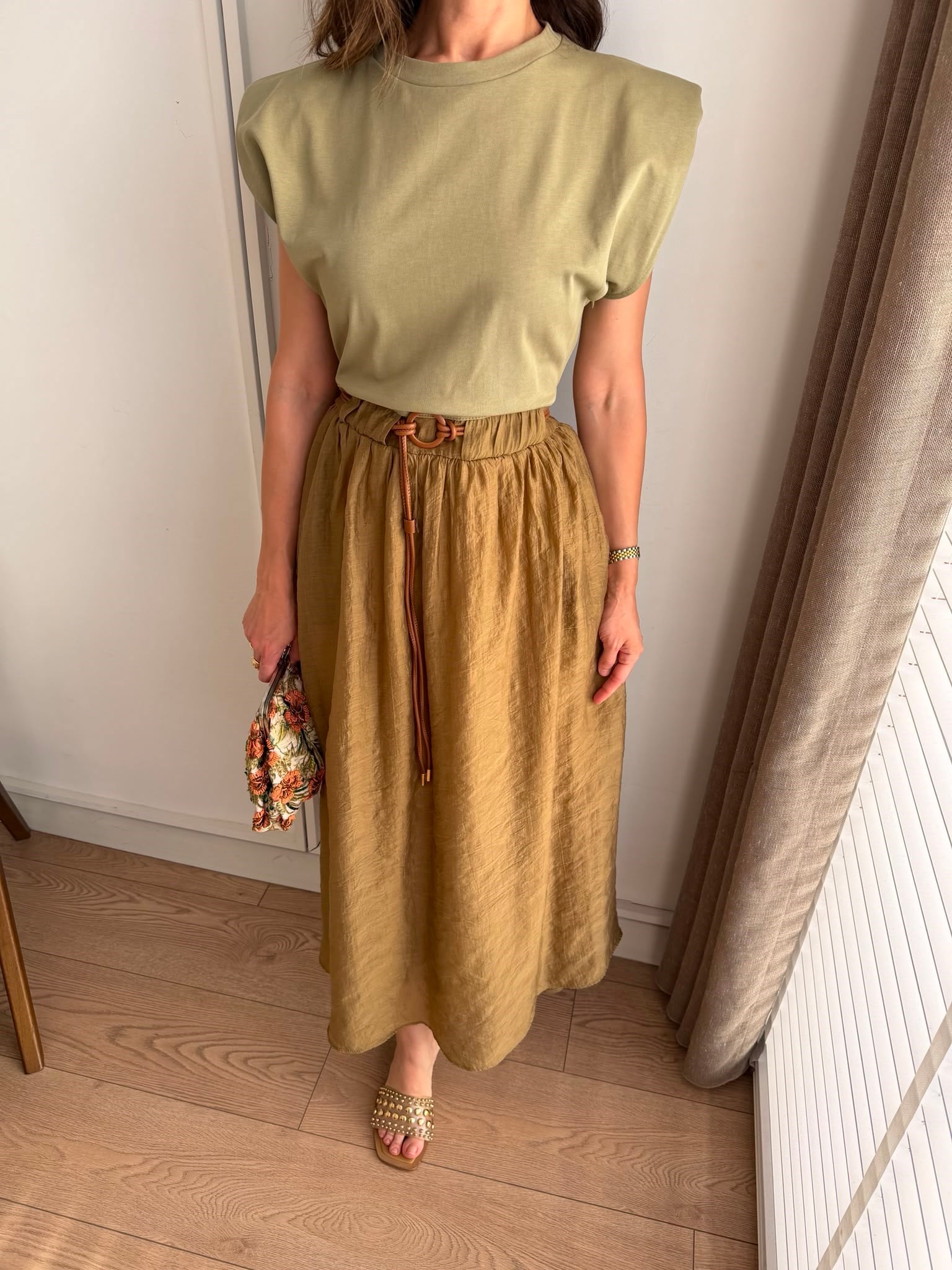 Olive Vatkalı Tshirt Detaylı Tensel Elbise 0103