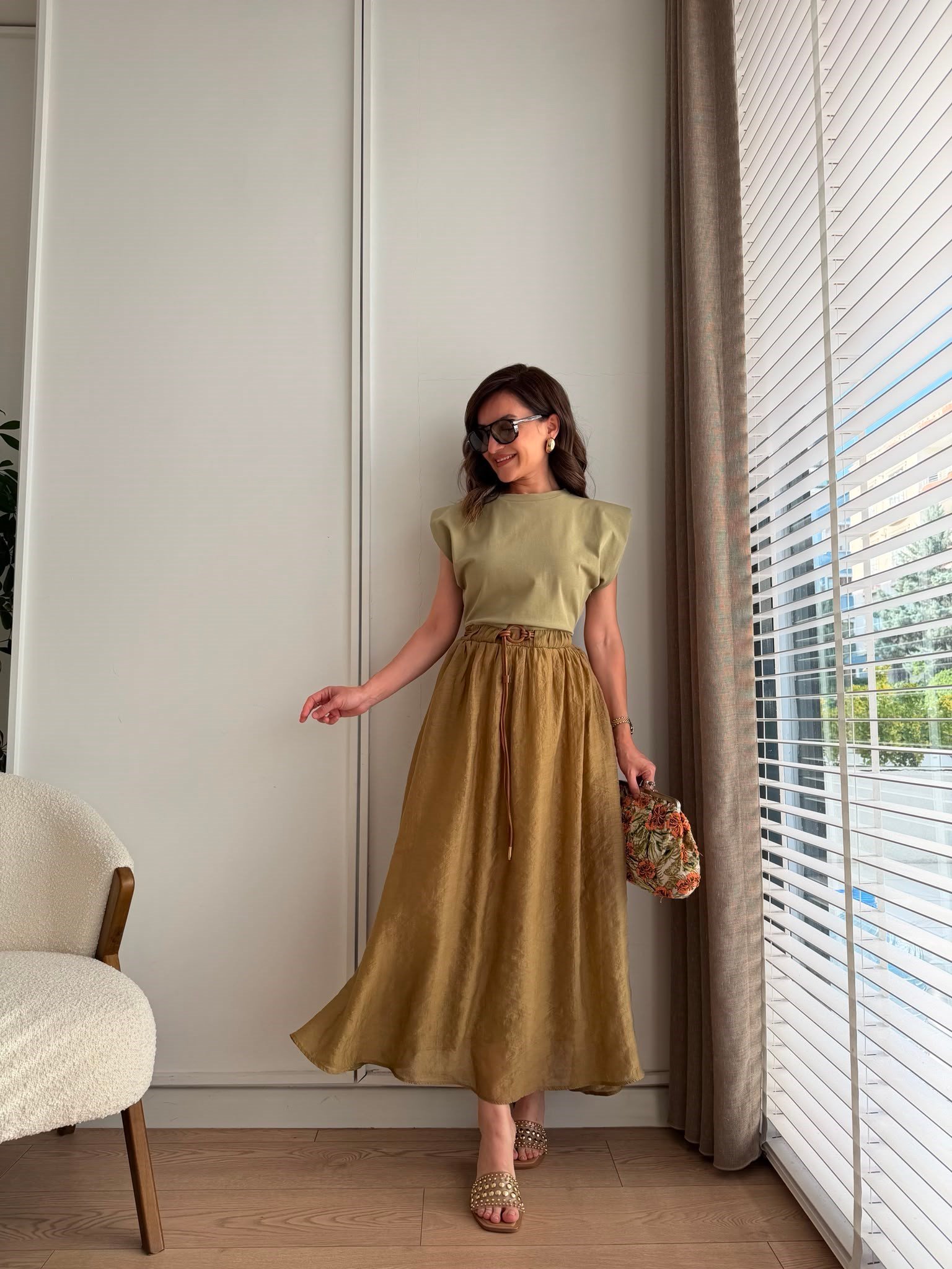 Olive Vatkalı Tshirt Detaylı Tensel Elbise 0103