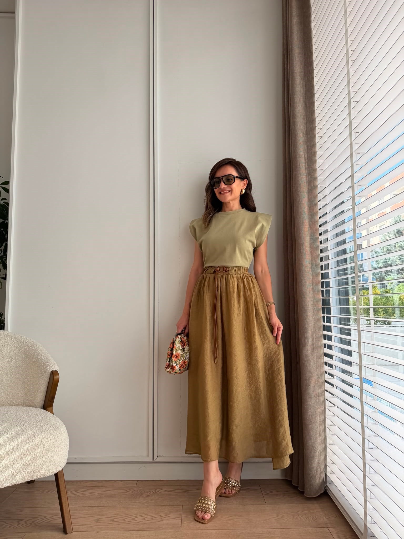 Olive Vatkalı Tshirt Detaylı Tensel Elbise 0103