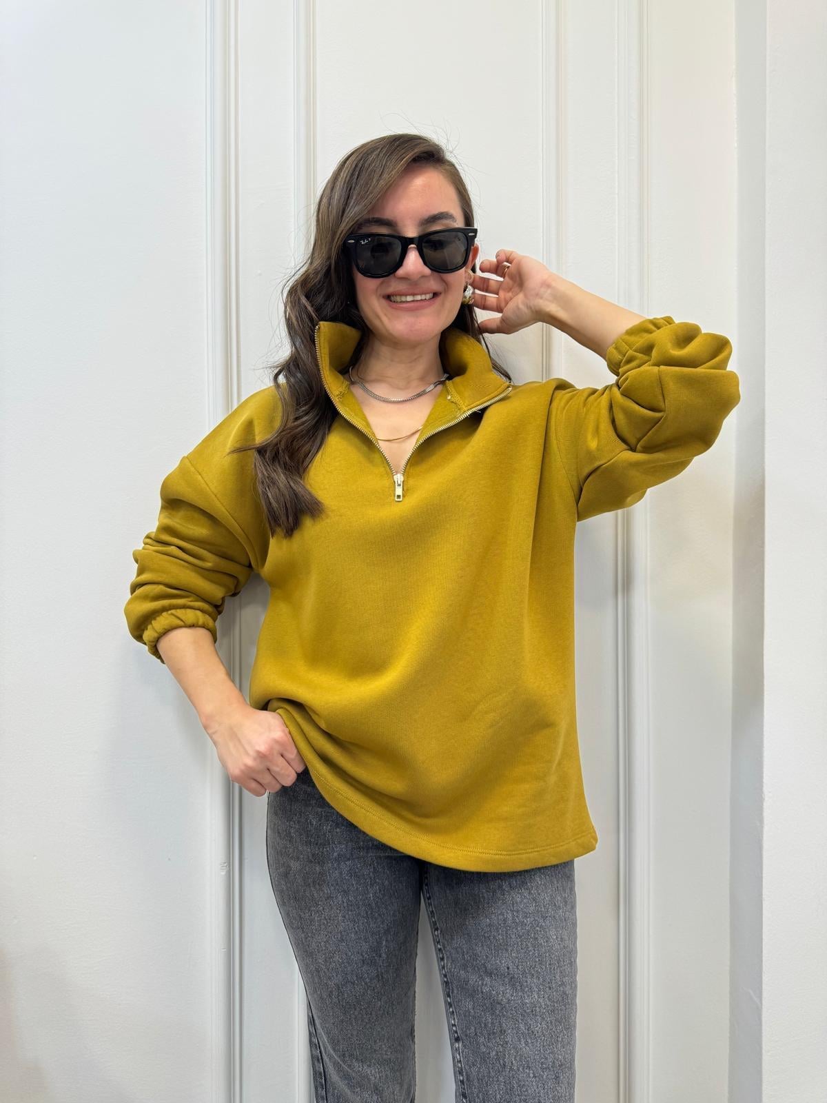 Olive Yarım Fermuar Dik Yaka Sweatshırt 241010