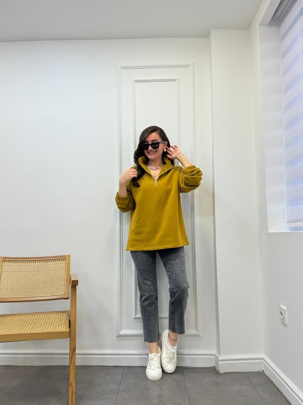 Olive Yarım Fermuar Dik Yaka Sweatshırt 241010