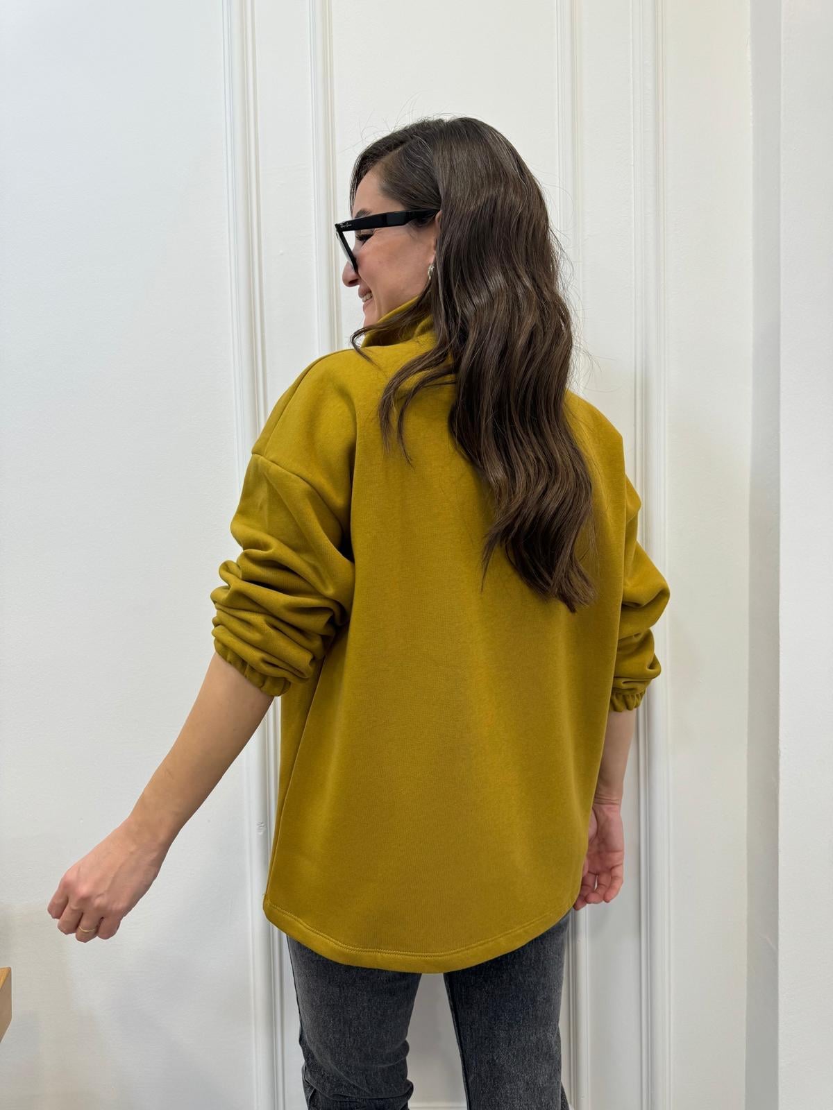 Olive Yarım Fermuar Dik Yaka Sweatshırt 241010