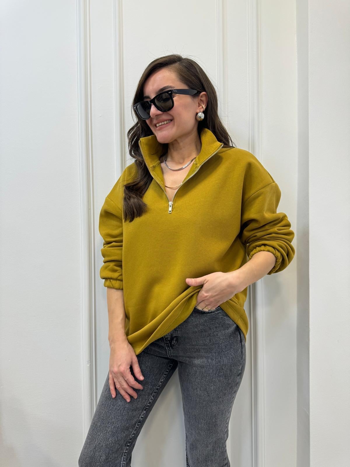 Olive Yarım Fermuar Dik Yaka Sweatshırt 241010