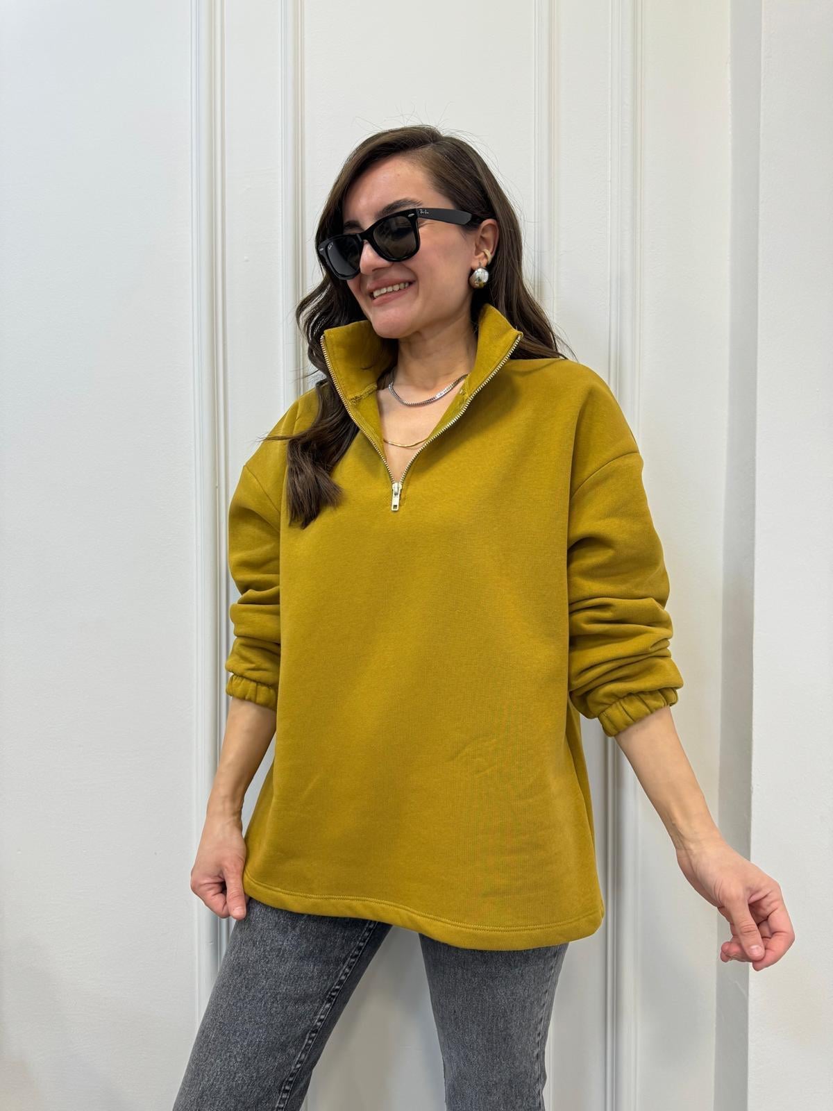 Olive Yarım Fermuar Dik Yaka Sweatshırt 241010