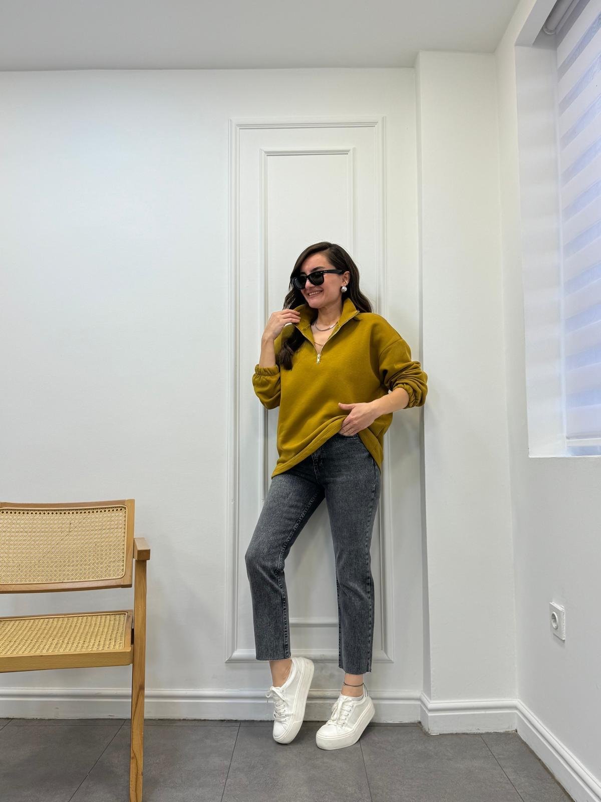 Olive Yarım Fermuar Dik Yaka Sweatshırt 241010