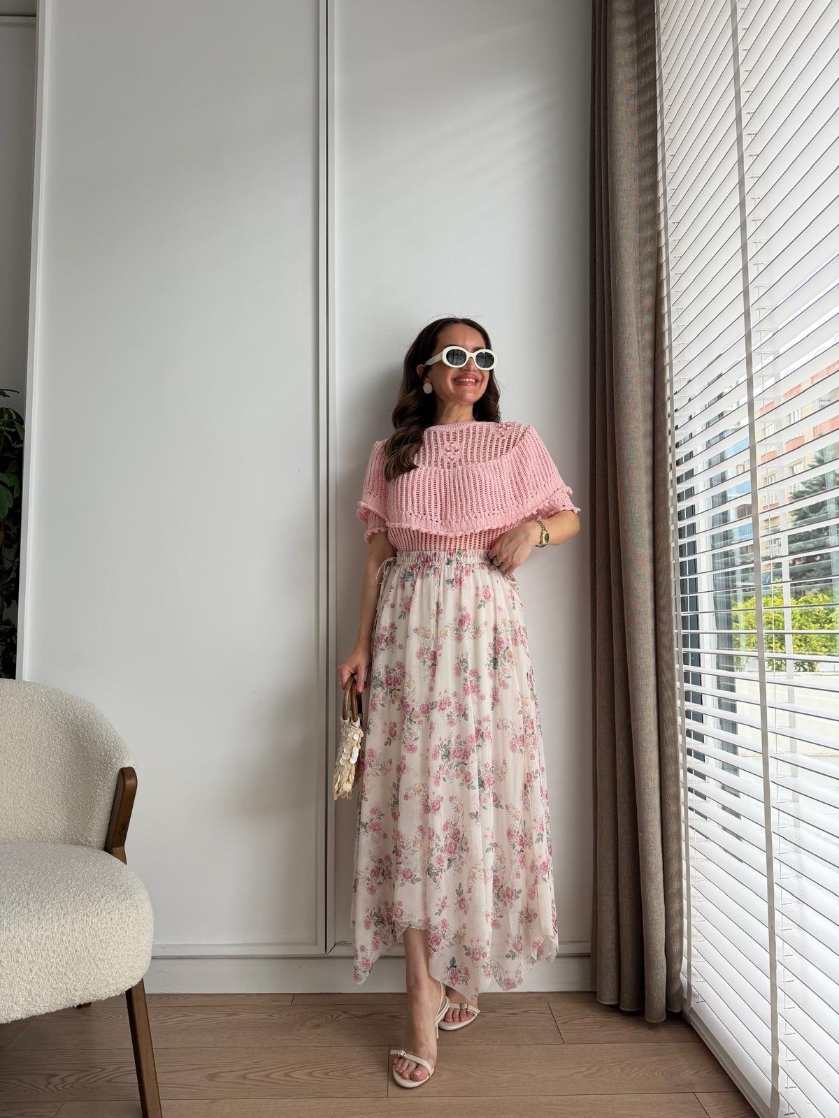Pembe Ajurlu Fırfırlı Triko Bluz 4764
