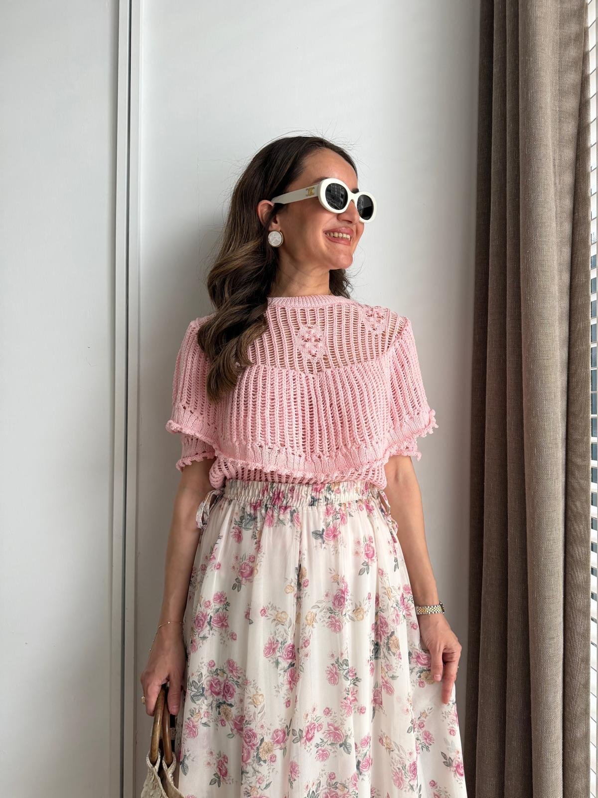 Pembe Ajurlu Fırfırlı Triko Bluz 4764