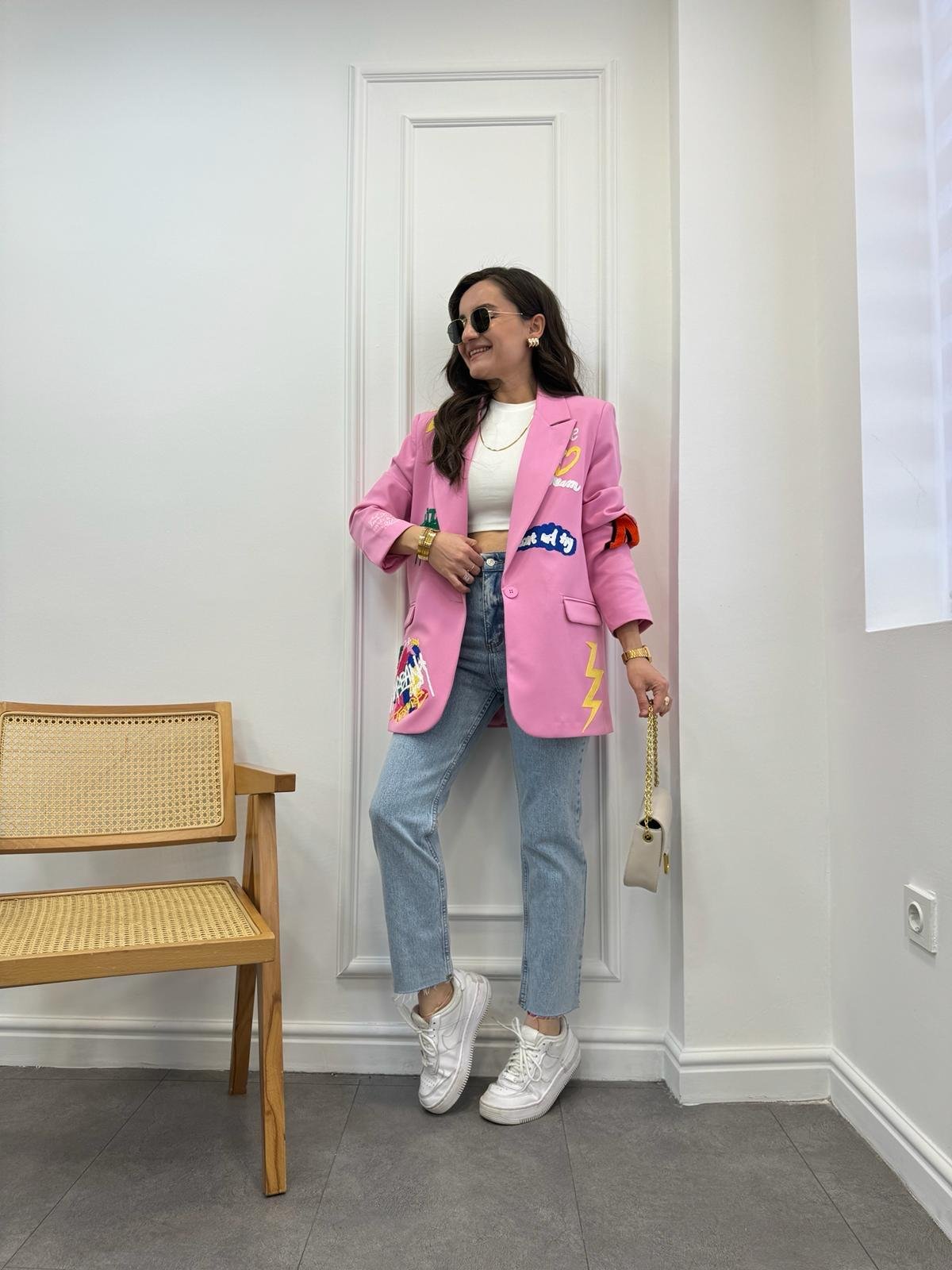 Pembe Barbies Nakış Detaylı Blazer Ceket 2802