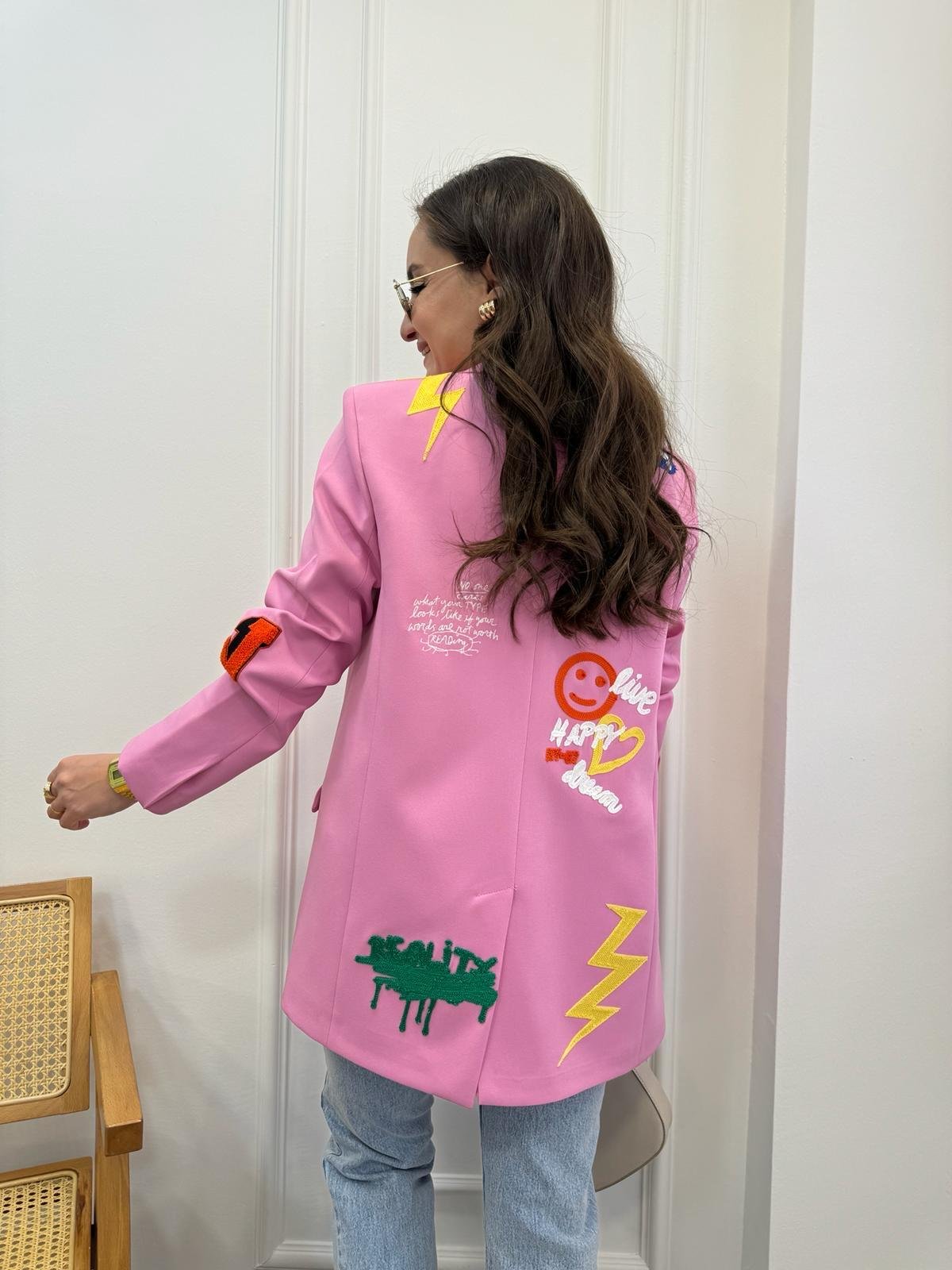 Pembe Barbies Nakış Detaylı Blazer Ceket 2802