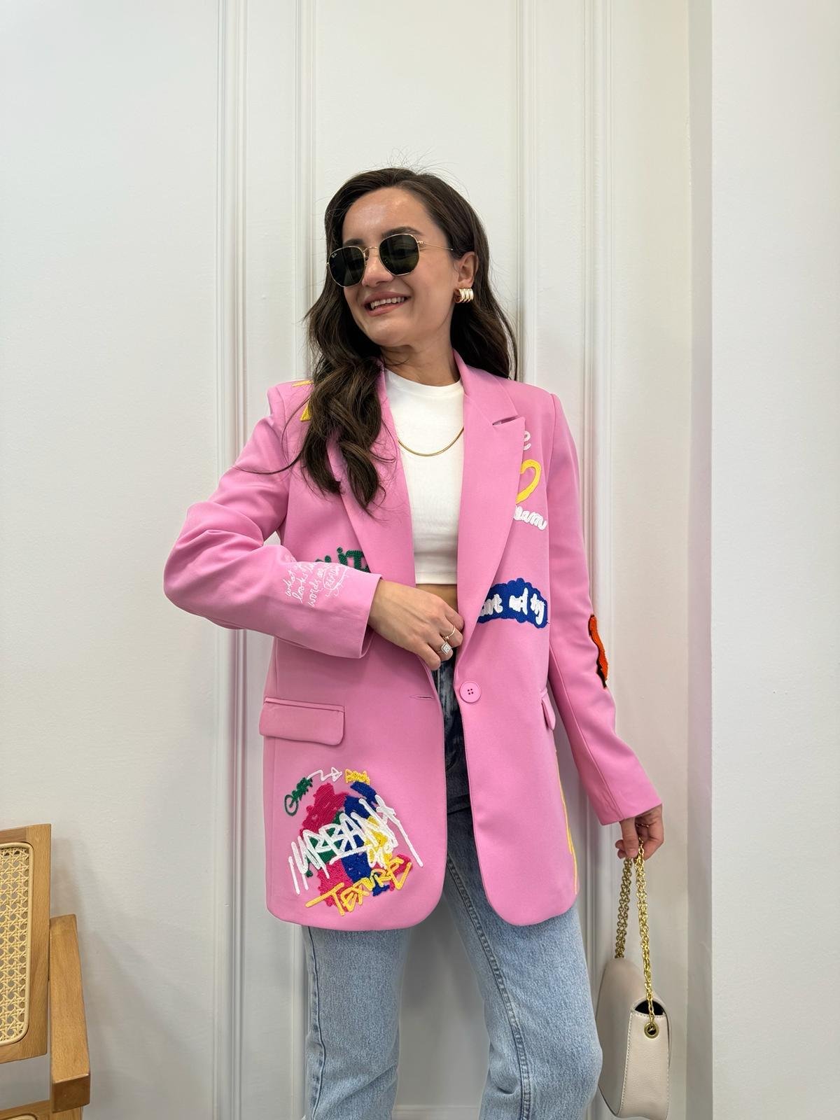 Pembe Barbies Nakış Detaylı Blazer Ceket 2802
