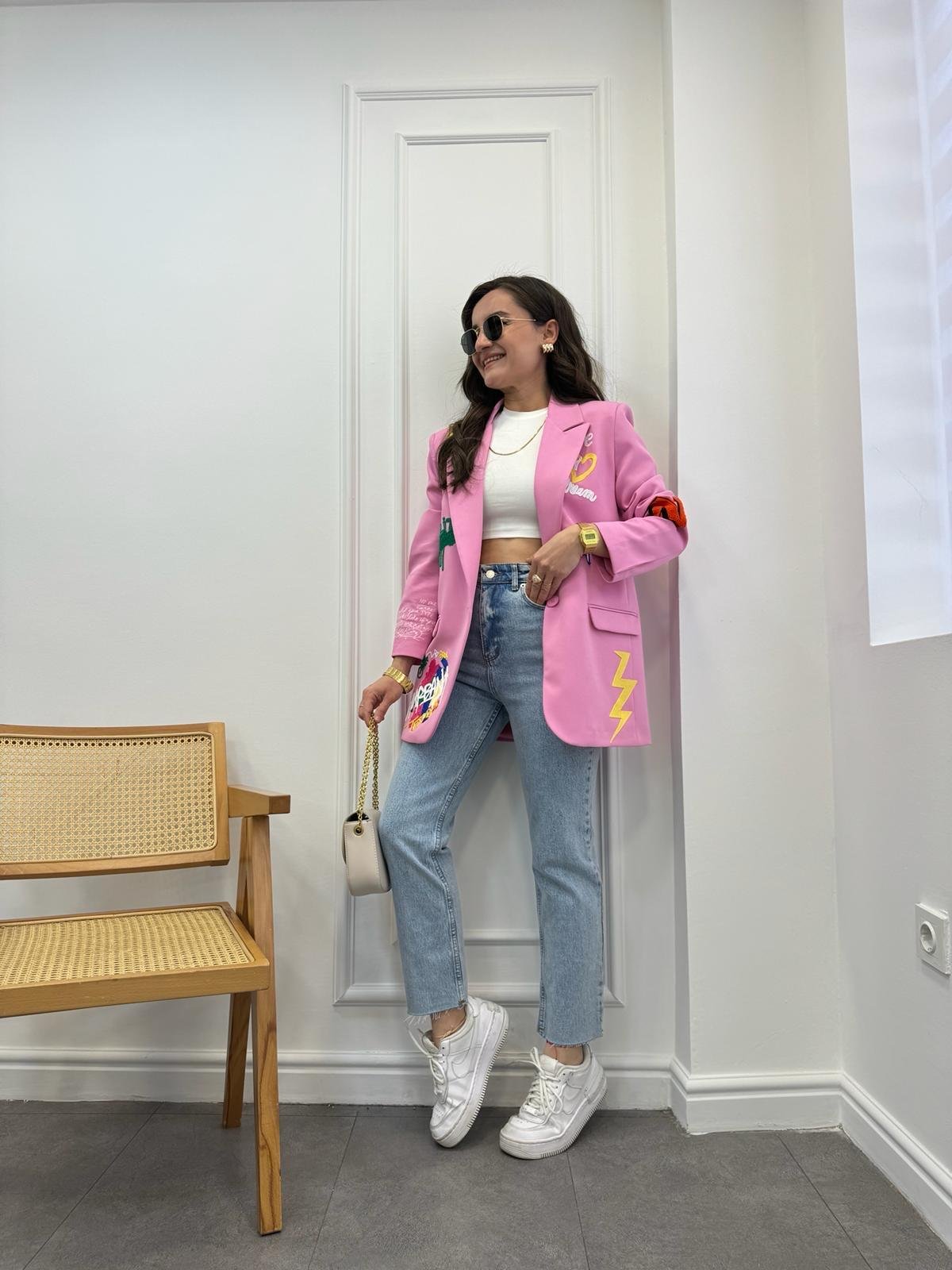 Pembe Barbies Nakış Detaylı Blazer Ceket 2802