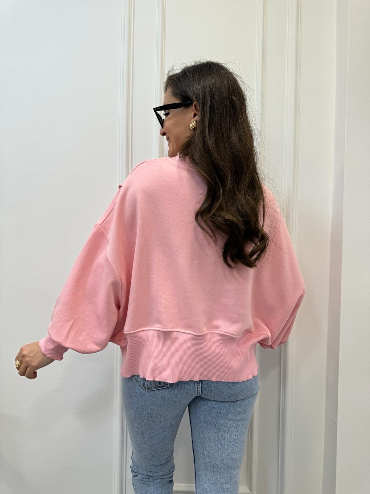 Pembe Baskılı Önü Dikiş Detaylı Tasarım Sweatshirt 7828