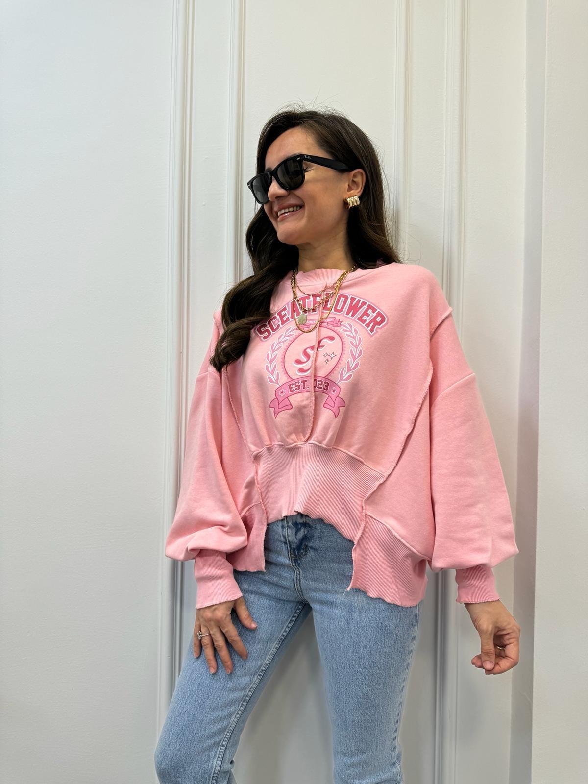 Pembe Baskılı Önü Dikiş Detaylı Tasarım Sweatshirt 7828