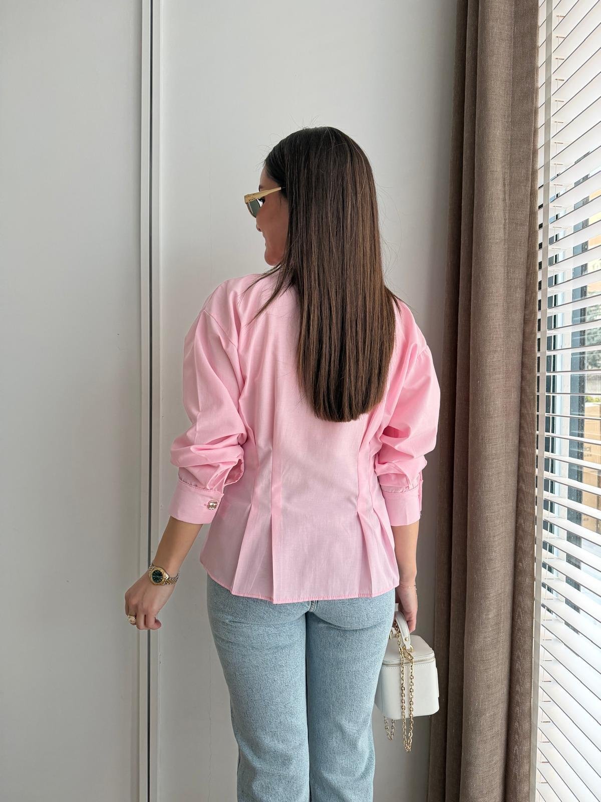 Pembe Beli Pile Detaylı V Yaka Gömlek 2222