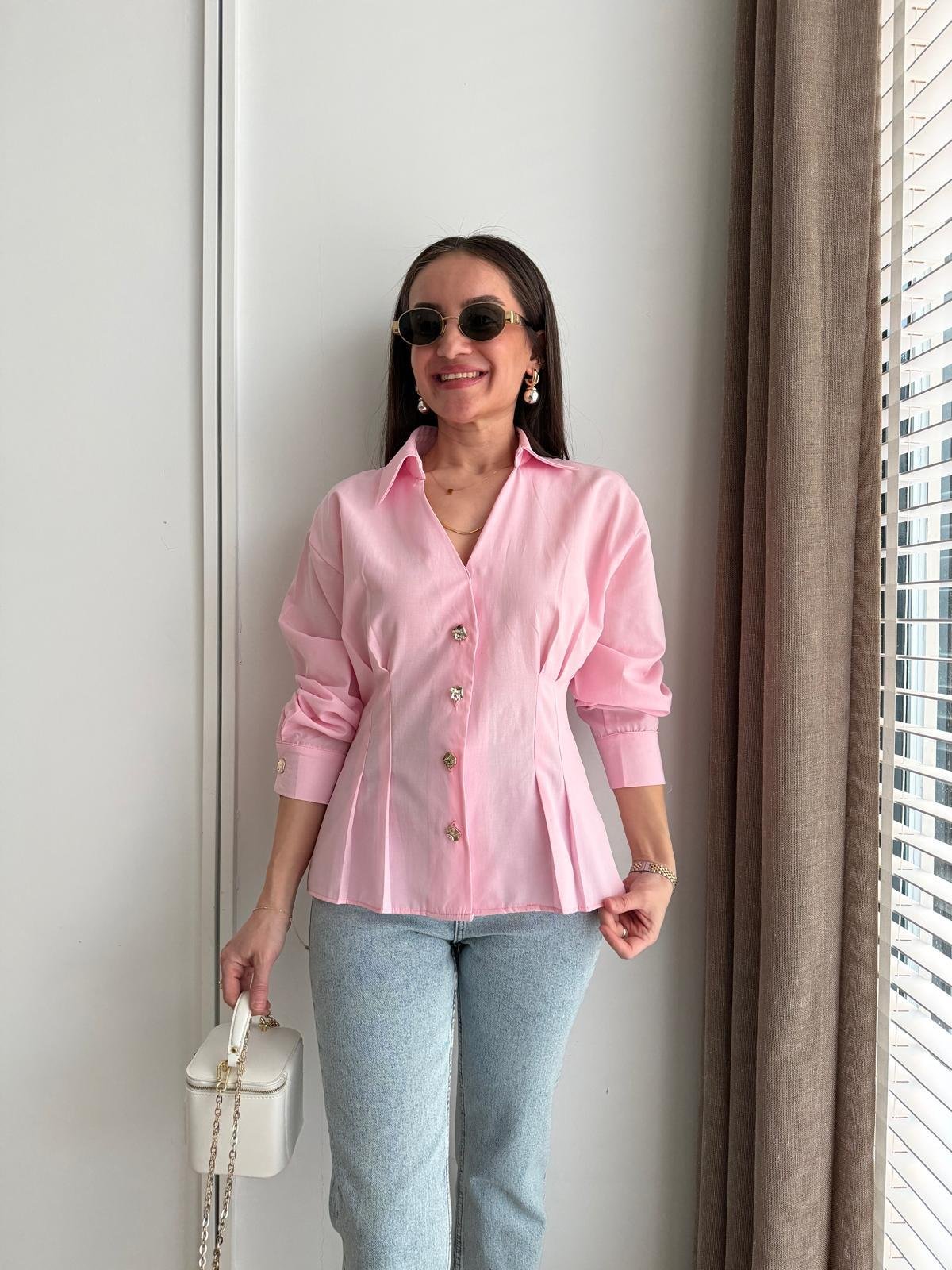 Pembe Beli Pile Detaylı V Yaka Gömlek 2222