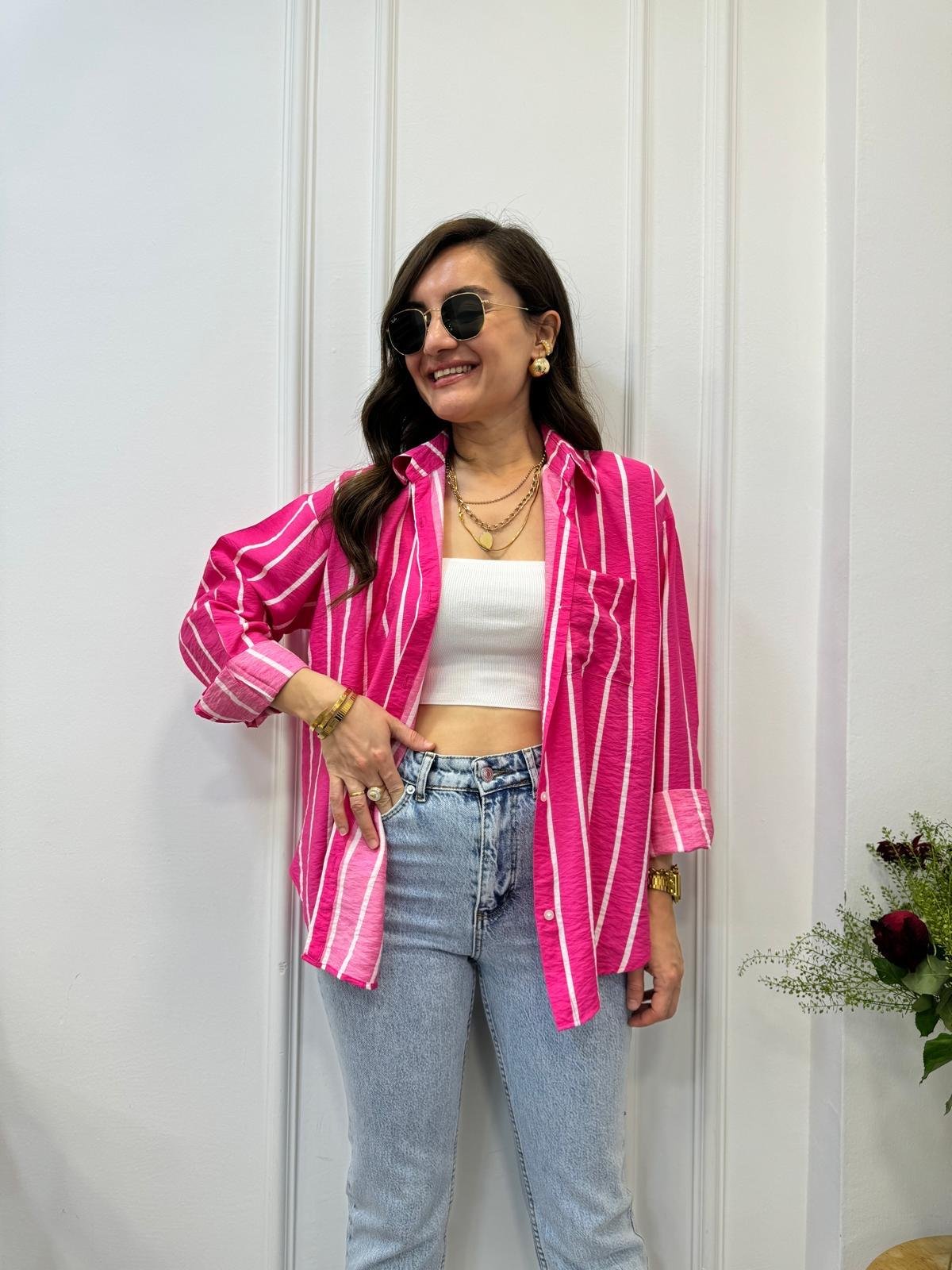 Pembe Beyaz Çizgili Keten Gömlek 2236