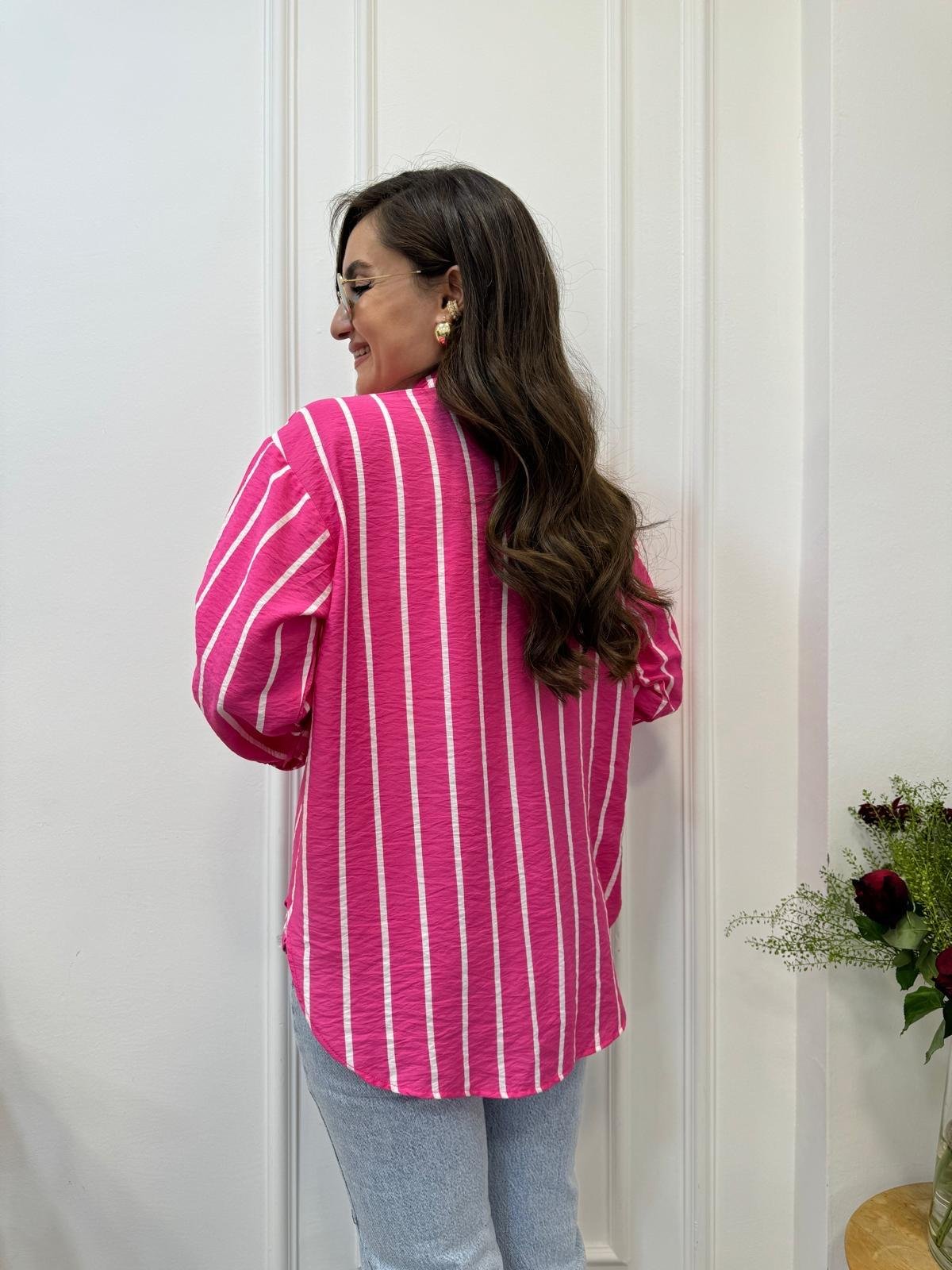 Pembe Beyaz Çizgili Keten Gömlek 2236