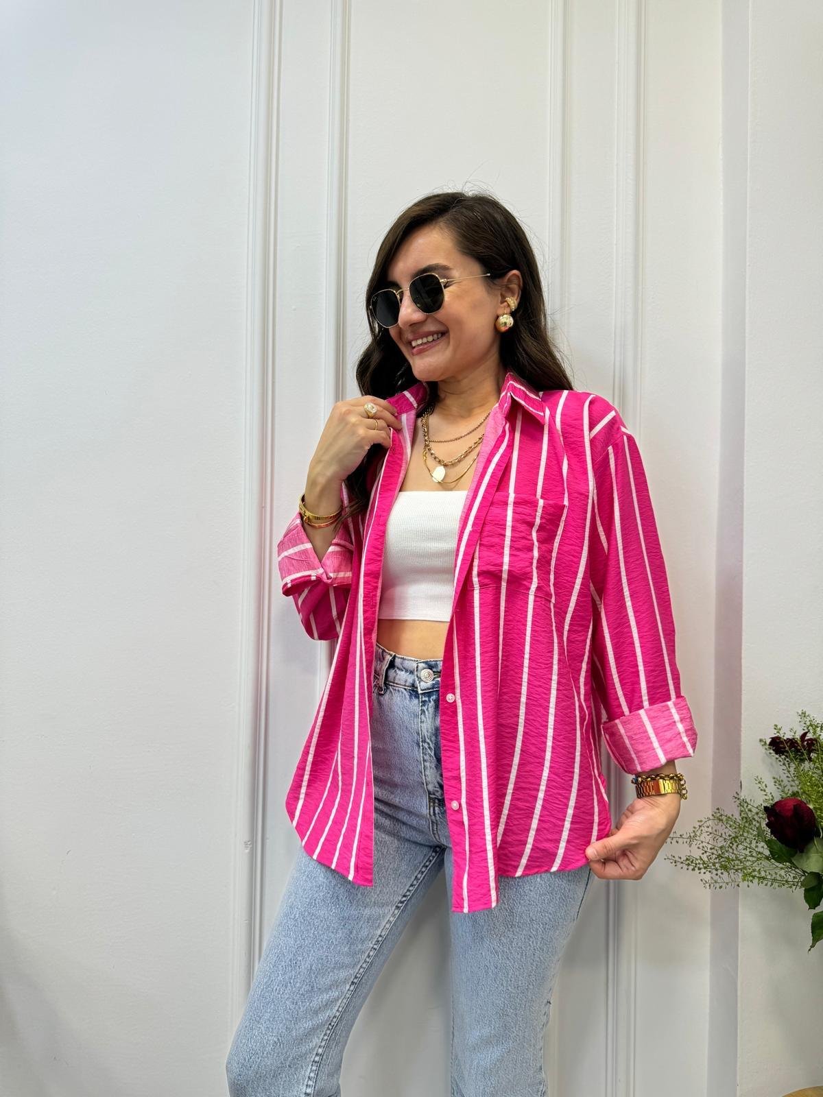 Pembe Beyaz Çizgili Keten Gömlek 2236