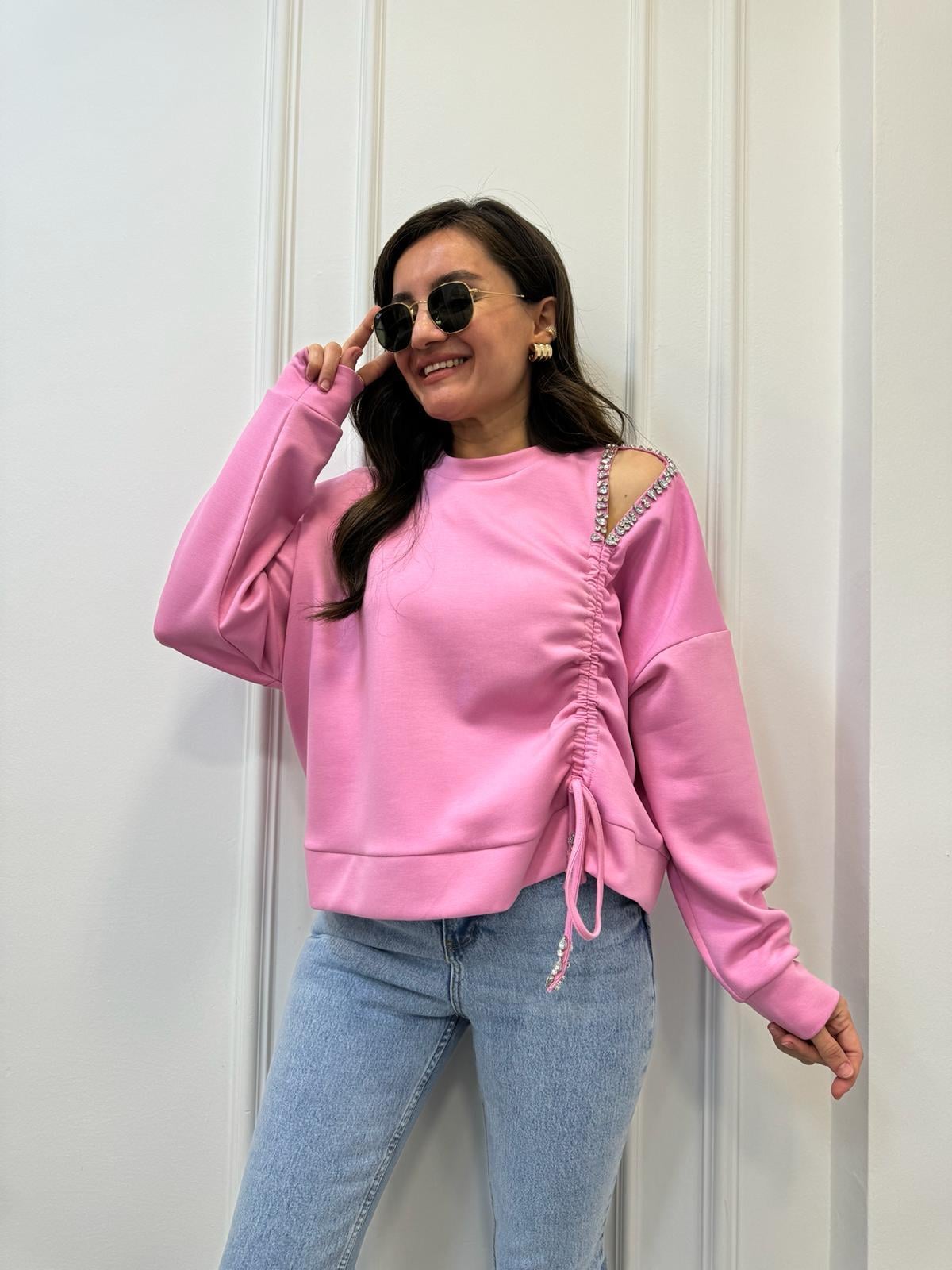 Pembe Bisiklet Yaka Omuz Taş Detaylı Büzgülü Tasarım Sweatshirt 2358