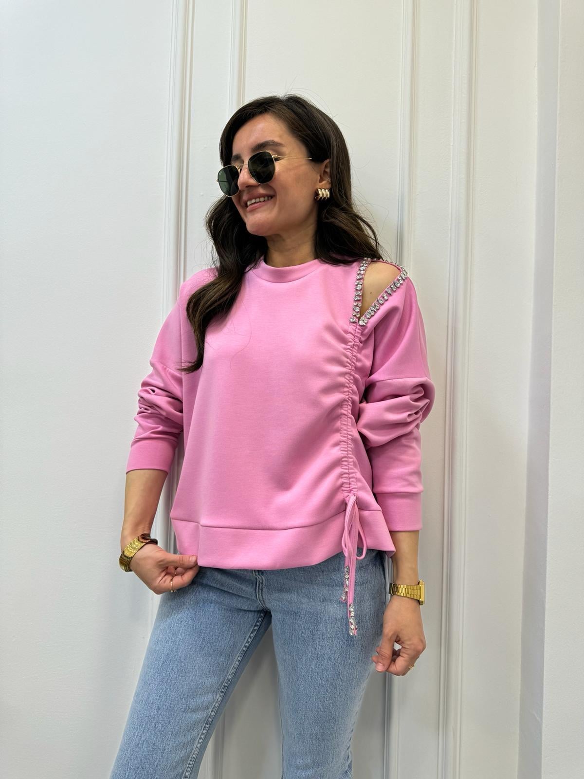 Pembe Bisiklet Yaka Omuz Taş Detaylı Büzgülü Tasarım Sweatshirt 2358