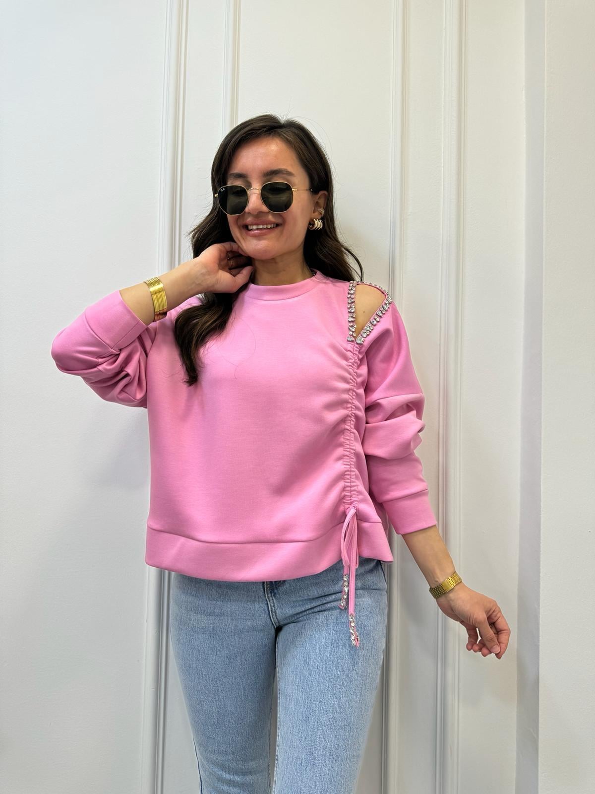 Pembe Bisiklet Yaka Omuz Taş Detaylı Büzgülü Tasarım Sweatshirt 2358
