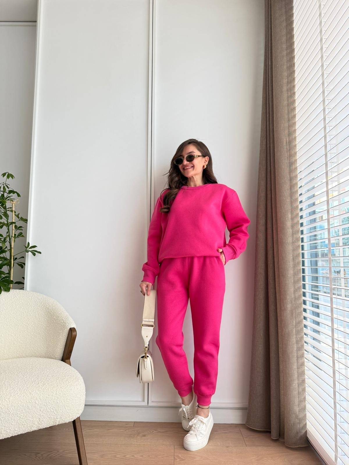 Pembe Bisiklet Yaka Paçası Lastikli Üç İplik Takım 1126