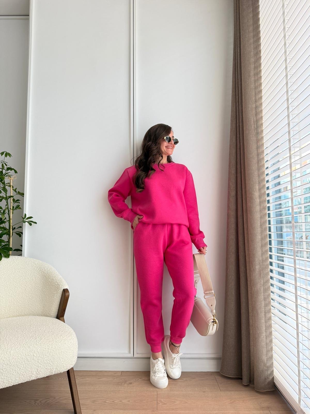 Pembe Bisiklet Yaka Paçası Lastikli Üç İplik Takım 1126