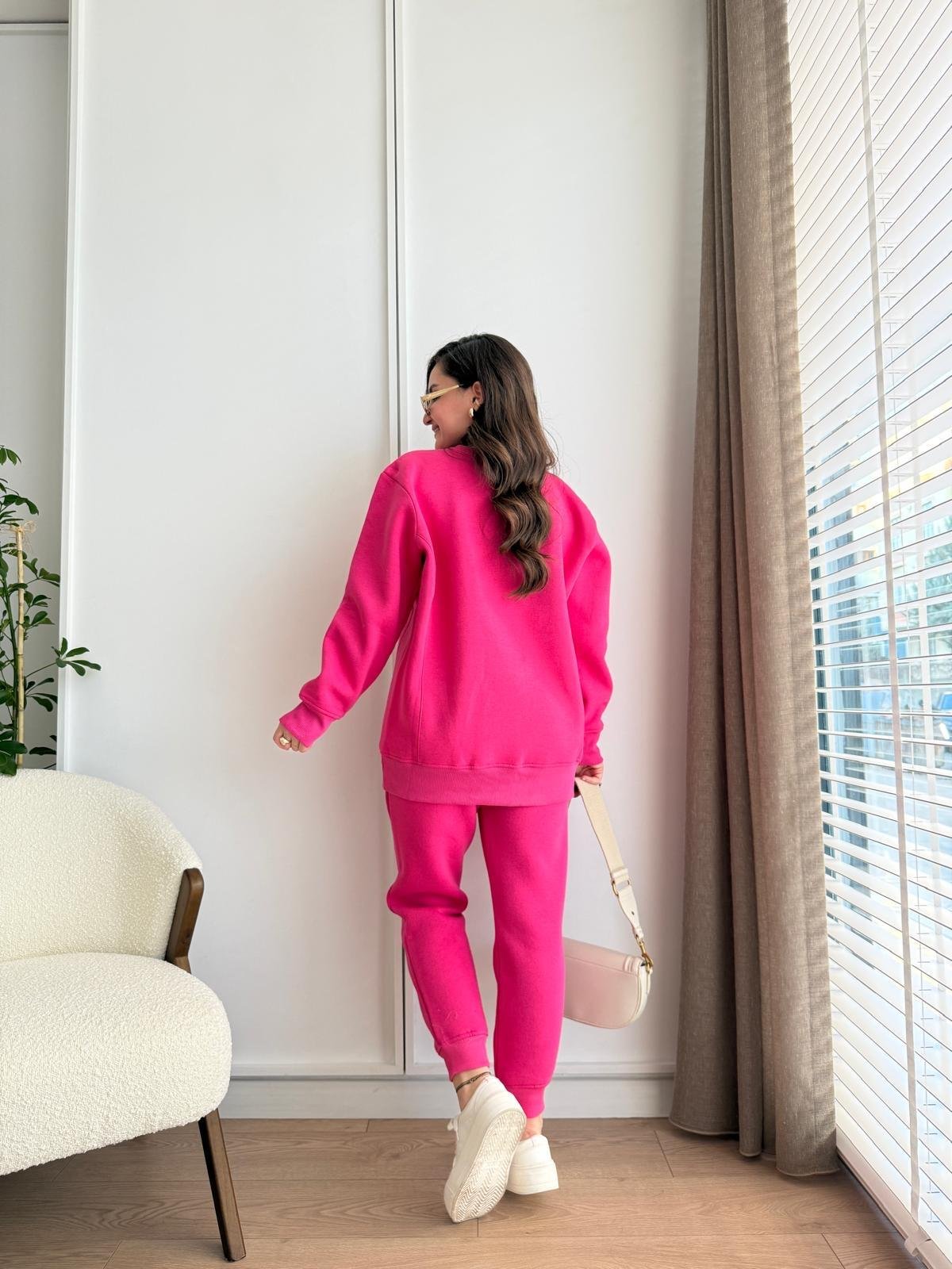 Pembe Bisiklet Yaka Paçası Lastikli Üç İplik Takım 1126