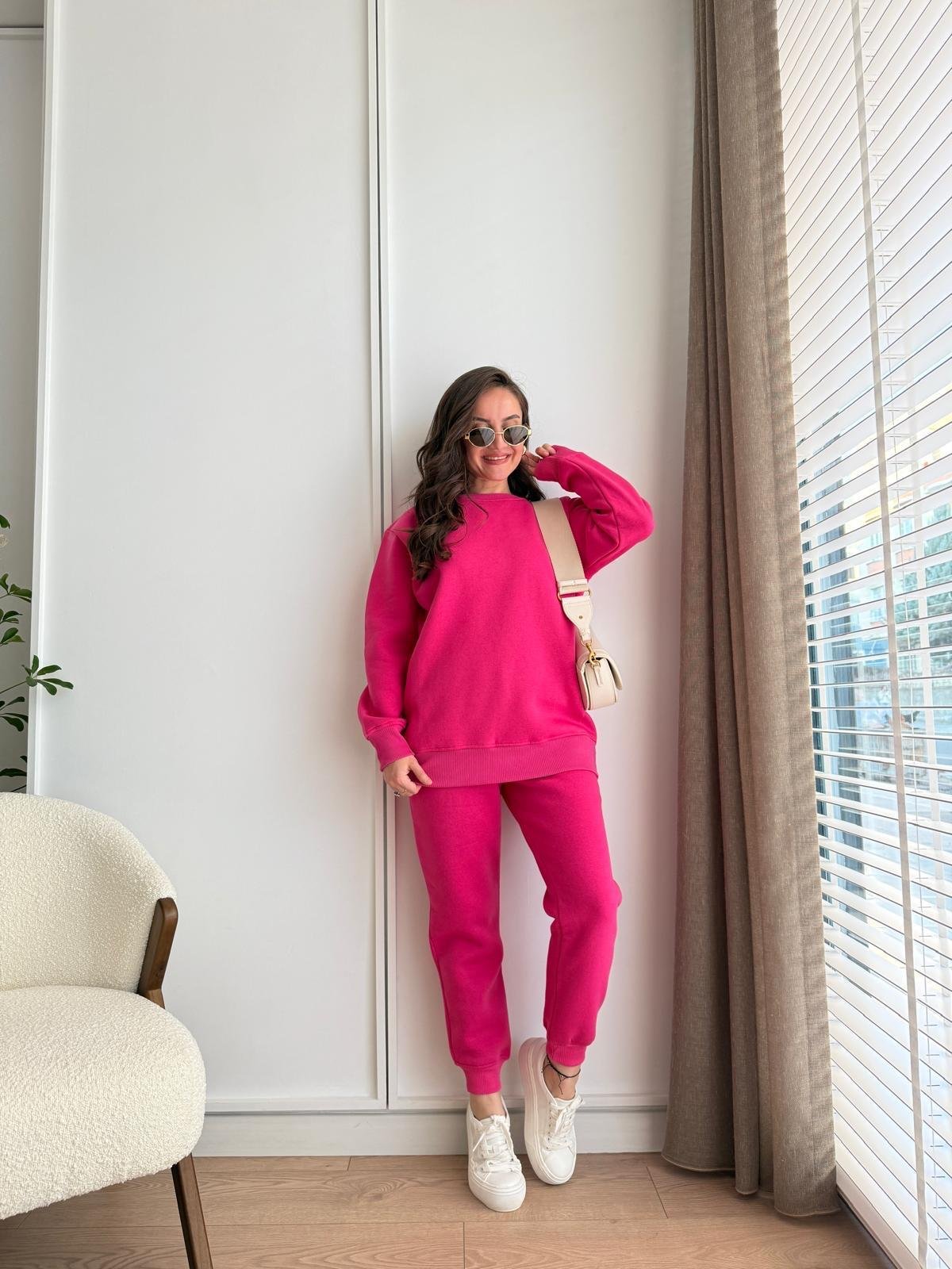Pembe Bisiklet Yaka Paçası Lastikli Üç İplik Takım 1126