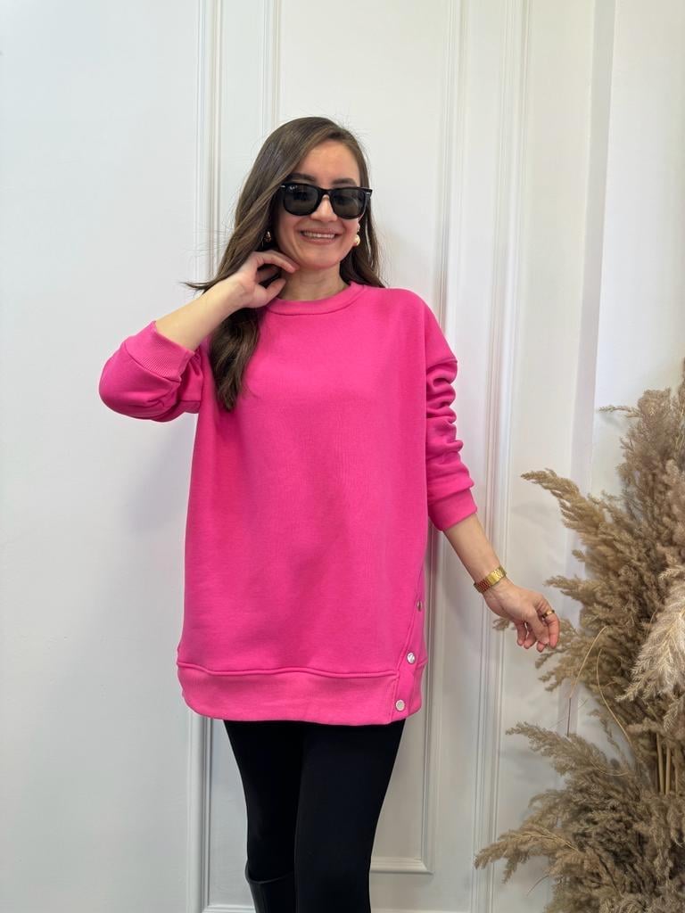 Pembe Bisiklet Yaka Yanı Çıtçıtlı Oversize Sweatshirt 8248