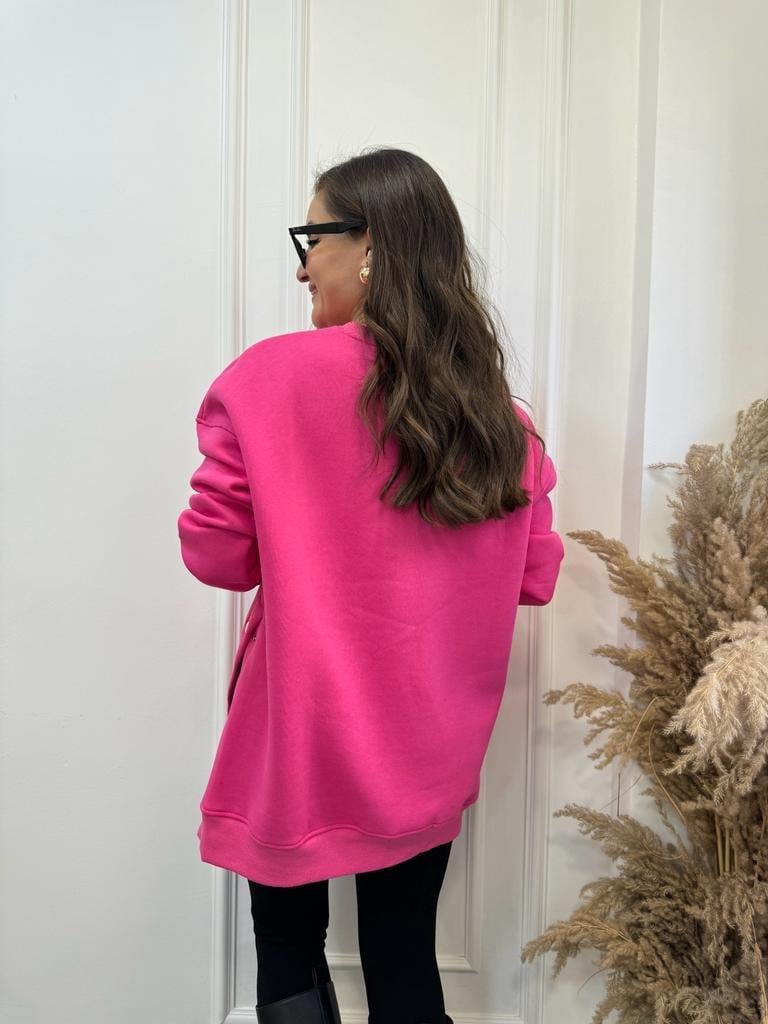 Pembe Bisiklet Yaka Yanı Çıtçıtlı Oversize Sweatshirt 8248