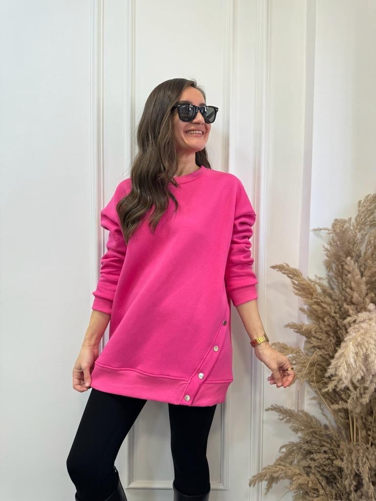 Pembe Bisiklet Yaka Yanı Çıtçıtlı Oversize Sweatshirt 8248