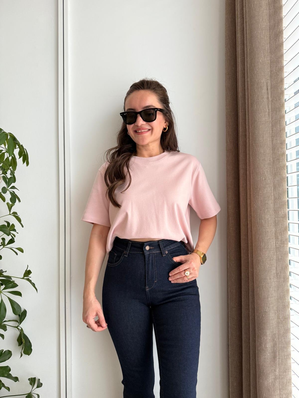Pembe Bisiklet Yaka Yarım Kol Tshirt 16616