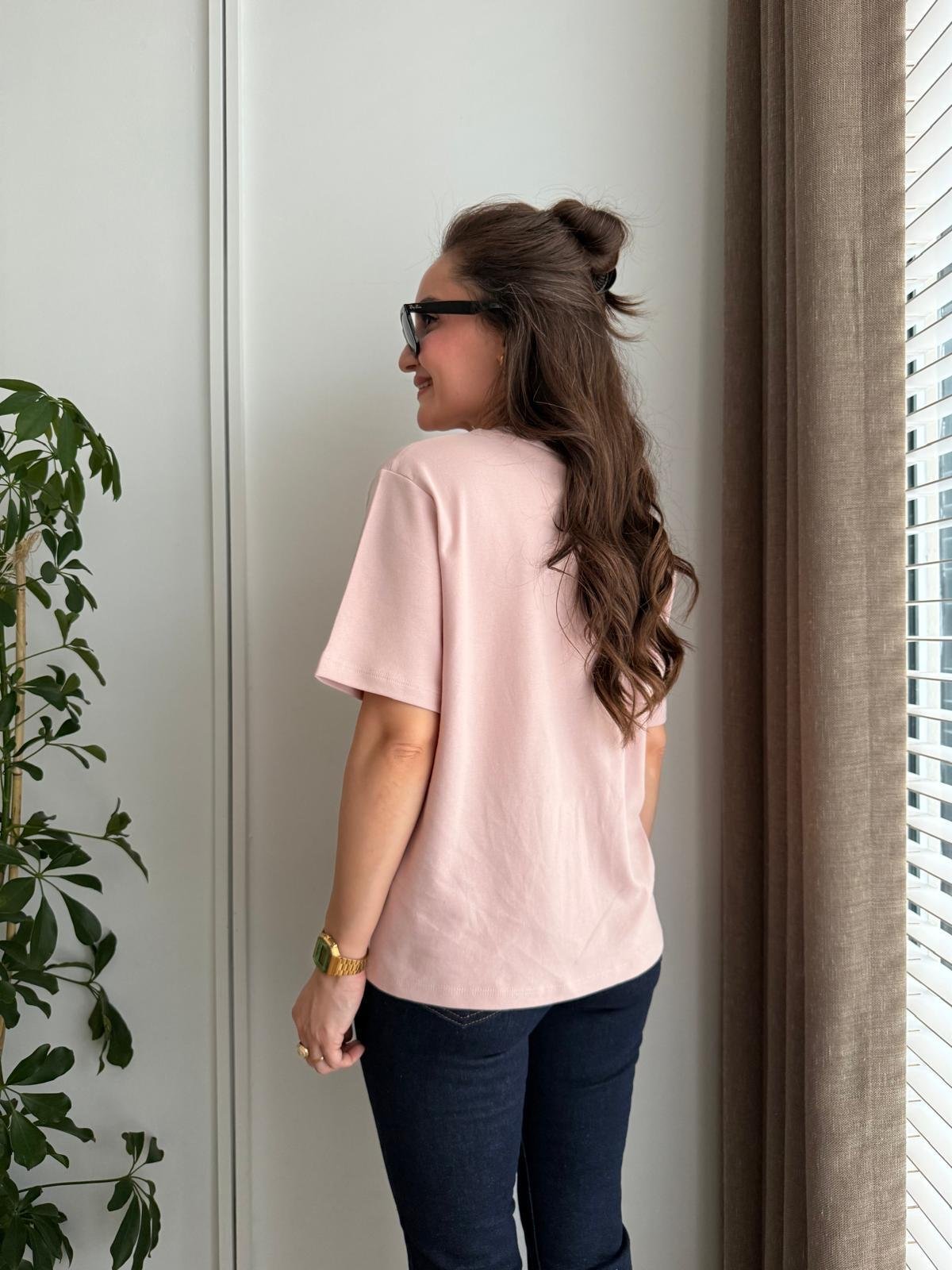 Pembe Bisiklet Yaka Yarım Kol Tshirt 16616