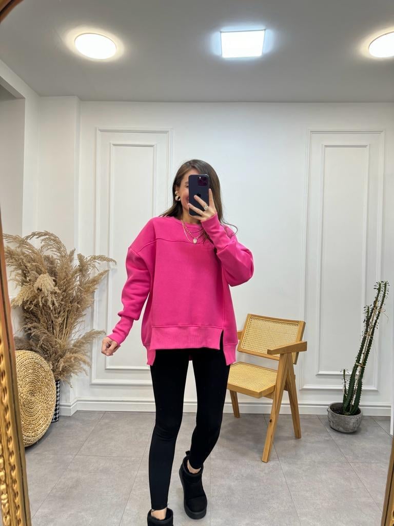 Pembe Bisiklet Yaka Yırtmaçlı Geniş Manşetli Sweatshirt E013