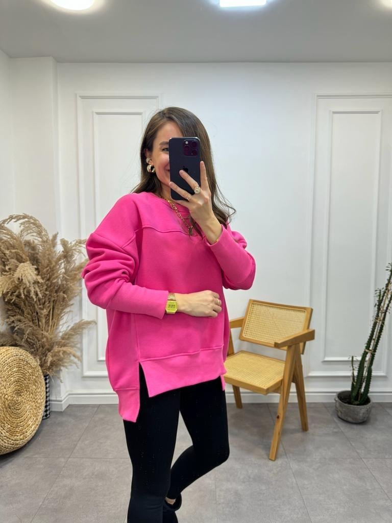 Pembe Bisiklet Yaka Yırtmaçlı Geniş Manşetli Sweatshirt E013