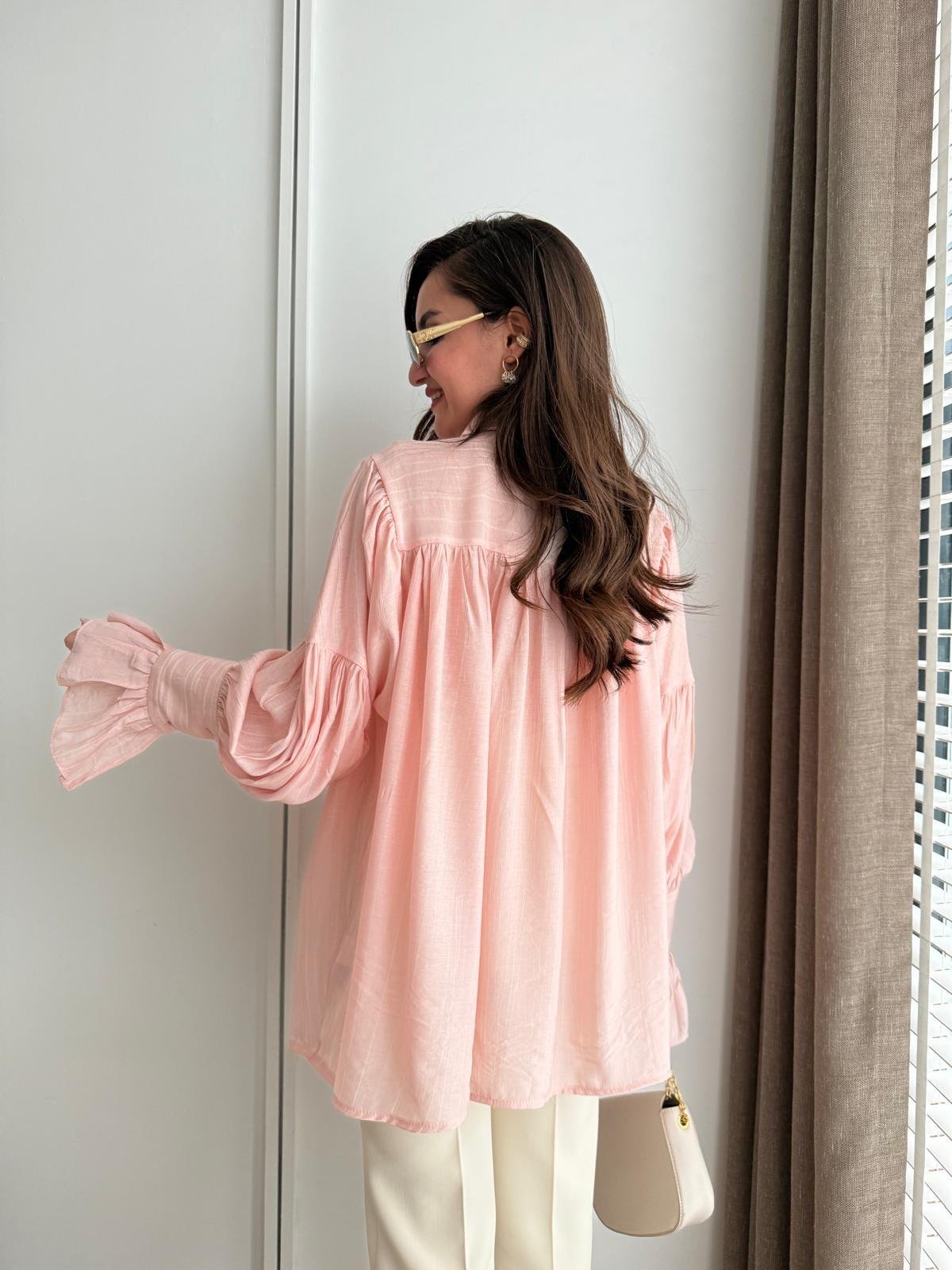 Pembe Büzgülü Kol Detaylı Gömlek 2116