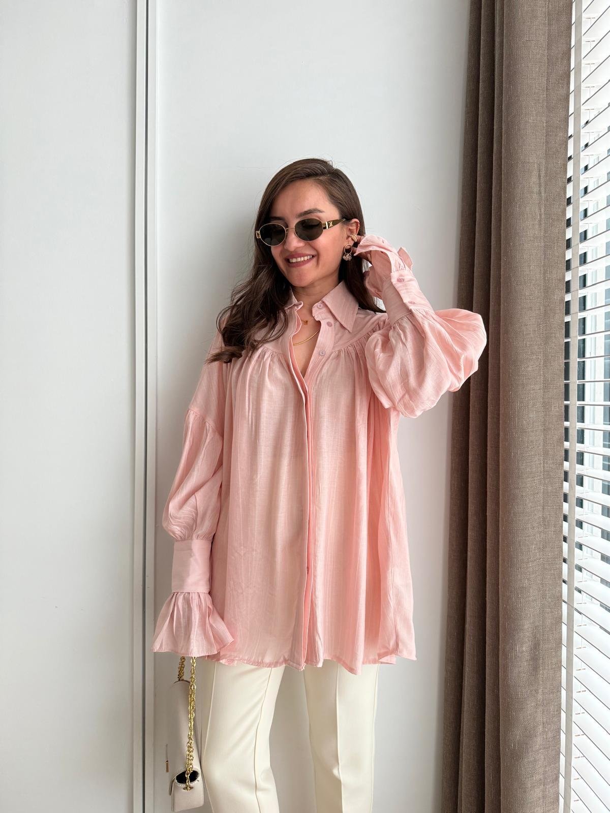 Pembe Büzgülü Kol Detaylı Gömlek 2116