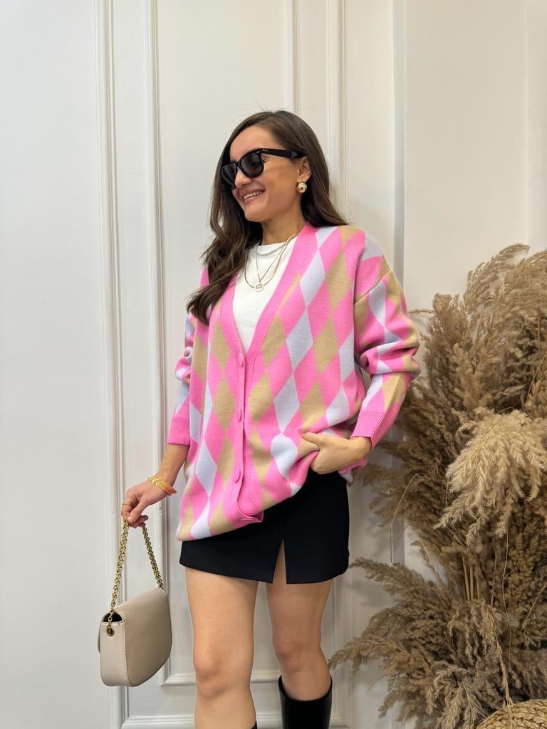 Pembe Camel Baklava Desen Hırka 3075