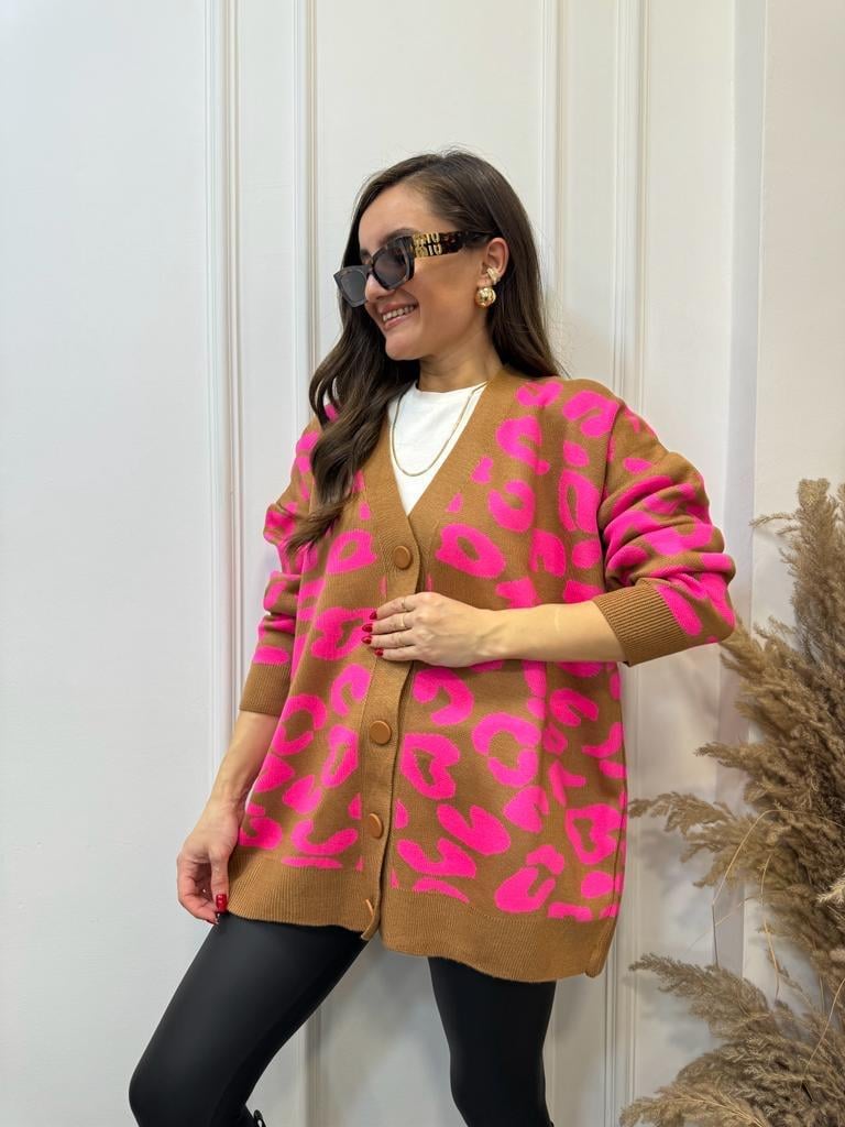 Pembe Camel Geometrik Desenli Triko Hırka 13490
