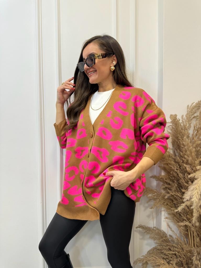 Pembe Camel Geometrik Desenli Triko Hırka 13490