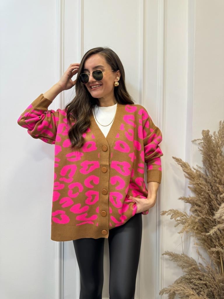 Pembe Camel Geometrik Desenli Triko Hırka 13490