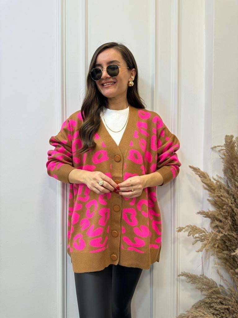 Pembe Camel Geometrik Desenli Triko Hırka 13490